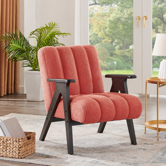 Coral textured armchair with channel tufting and dark wood legs perfect accent chair