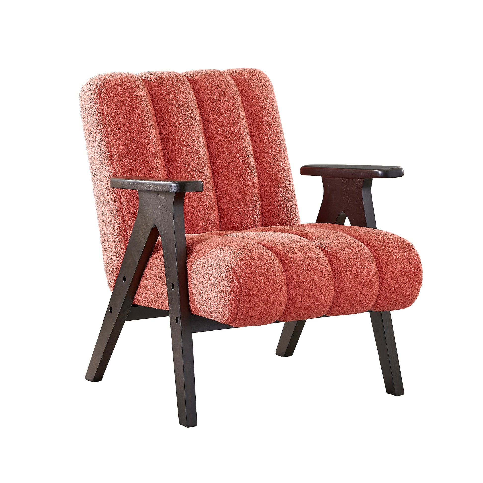 Coral boucle armchair with dark wood legs and channel tufting modern accent chair