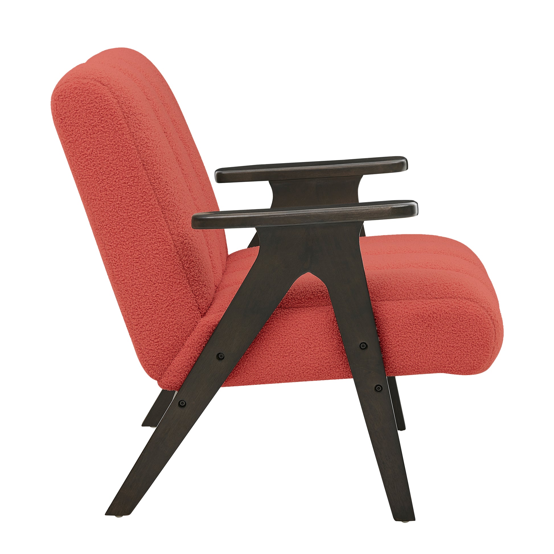 Modern coral boucl accent chair with dark wood arms and legs