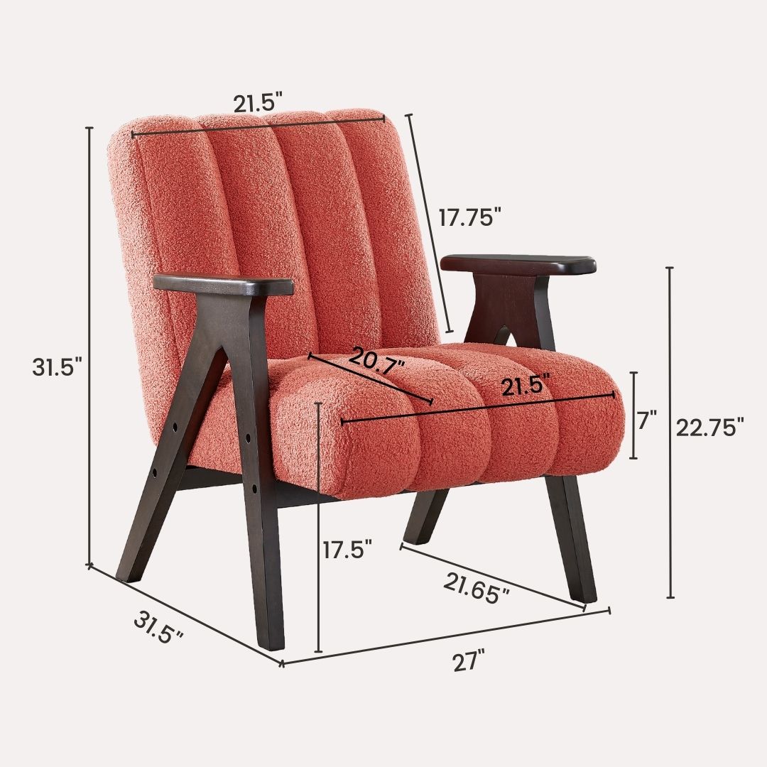 Coral textured accent chair with dark wood arms and legs featuring channel tufting