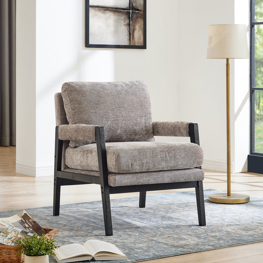 Textured grey armchair with dark wood frame modern accent chair for living room