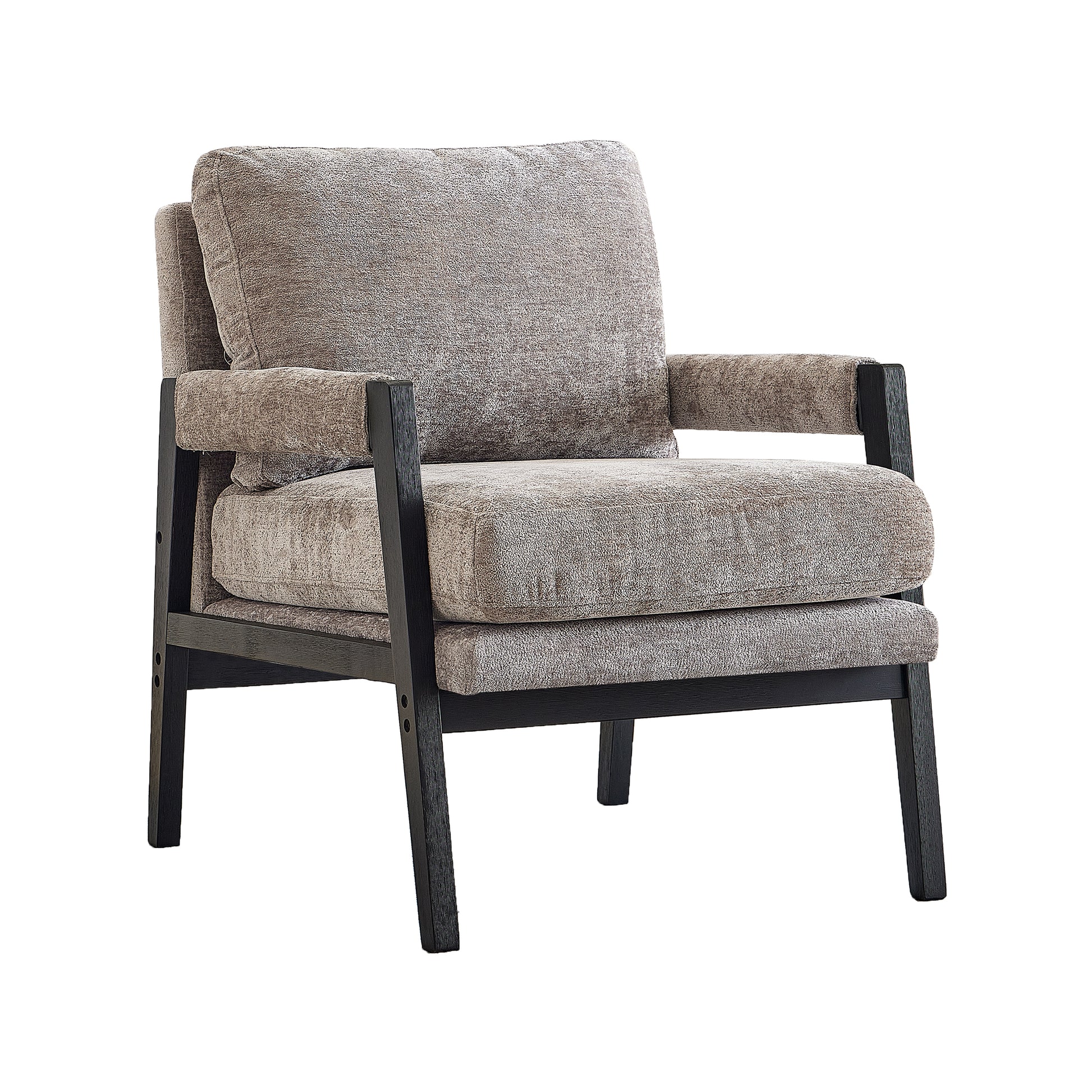 Comfortable grey textured fabric armchair with dark wood frame and armrests
