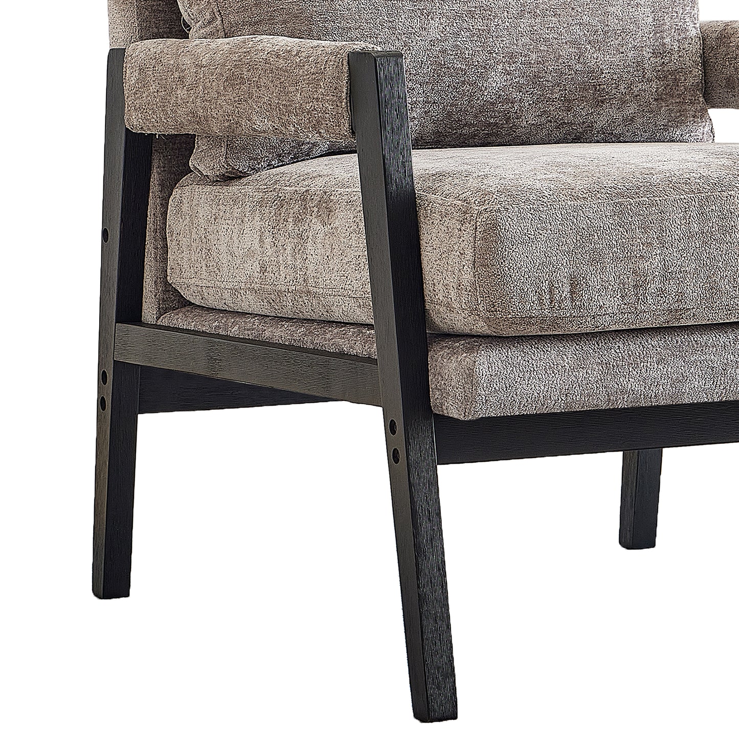 Taupe textured fabric armchair with dark wood frame modern accent chair