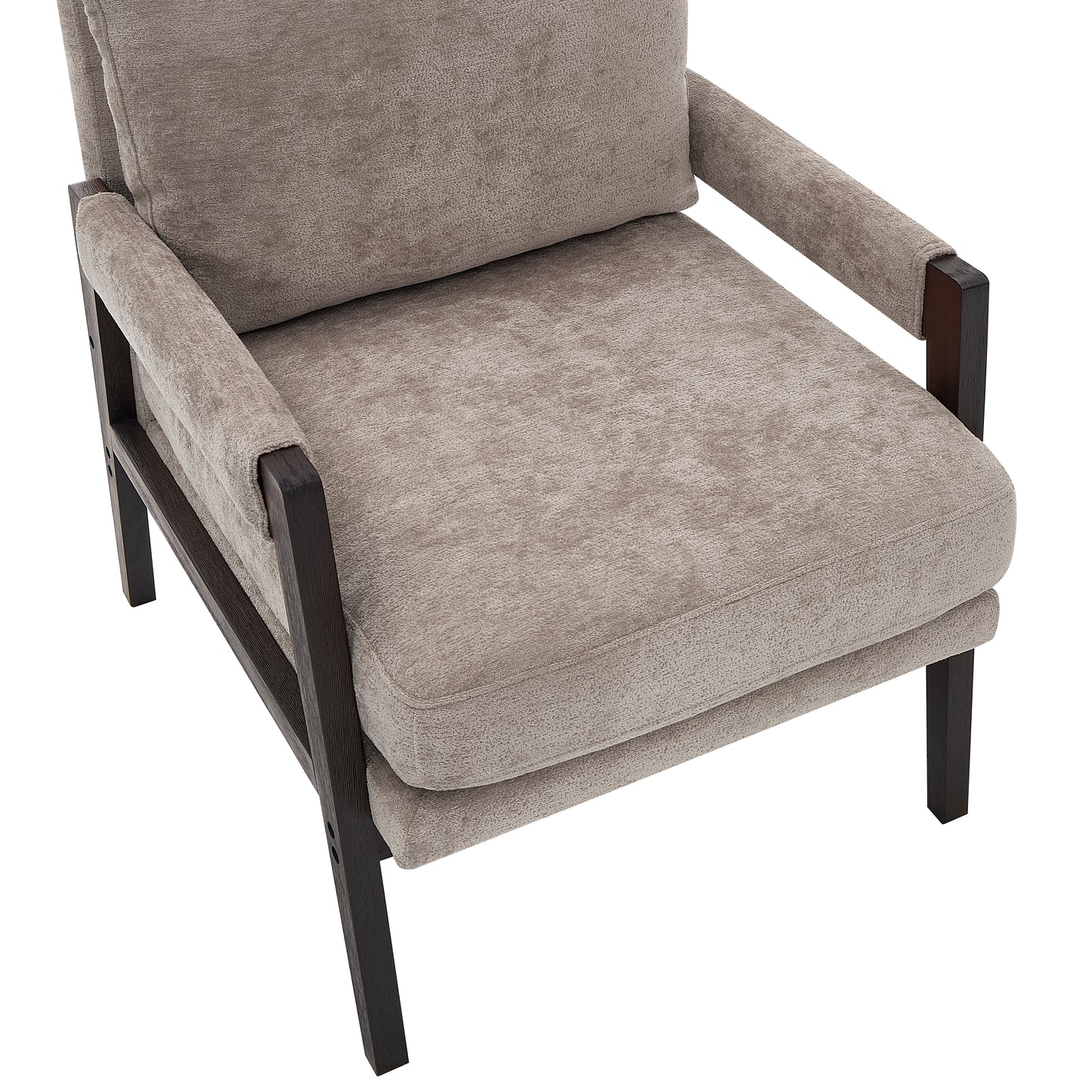 Plush taupe accent chair with dark wood frame and comfortable seating for living rooms