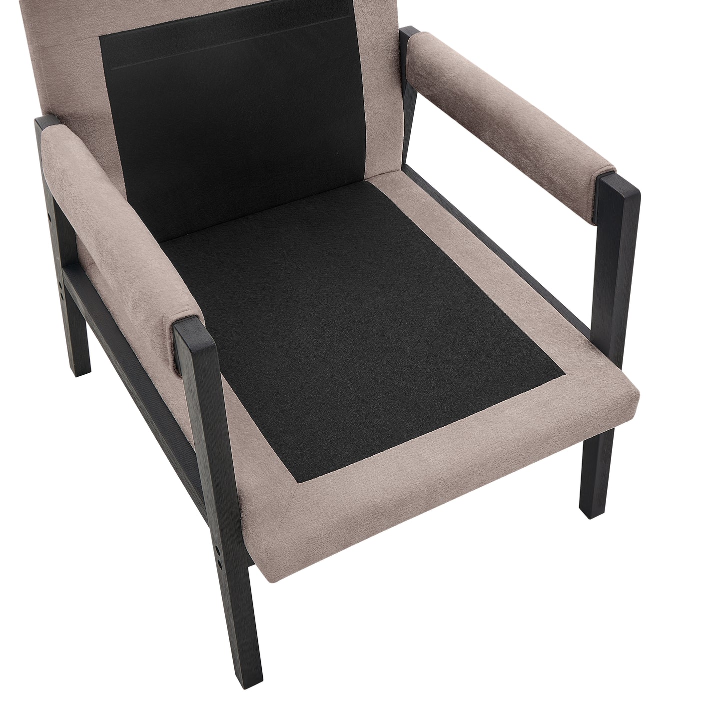 Modern accent chair with black frame and tan textured upholstery