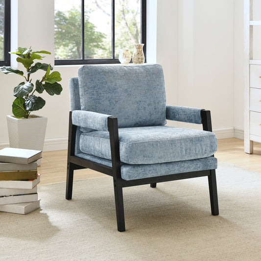 Modern blue upholstered accent chair with dark wood frame plush cushions and comfortable armrests