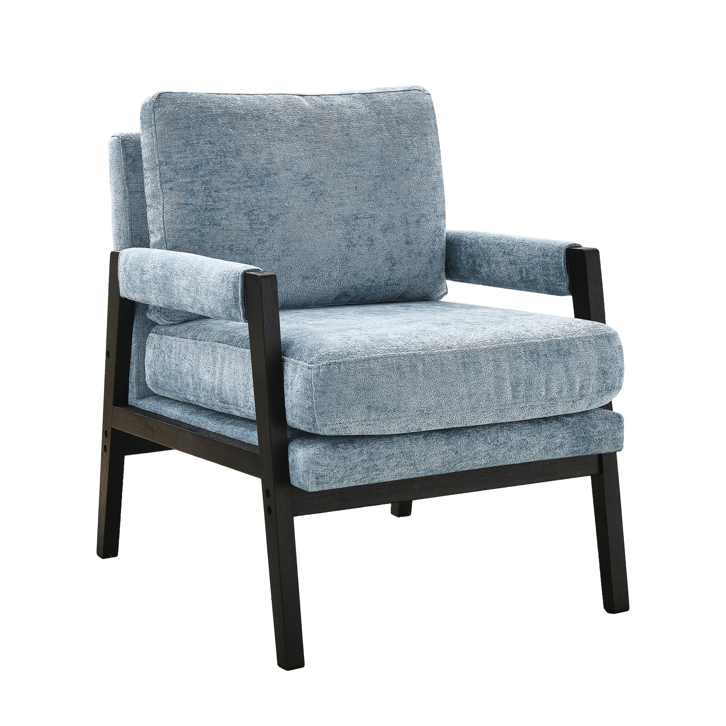 Light blue textured armchair with dark wood frame and armrests ideal for living rooms