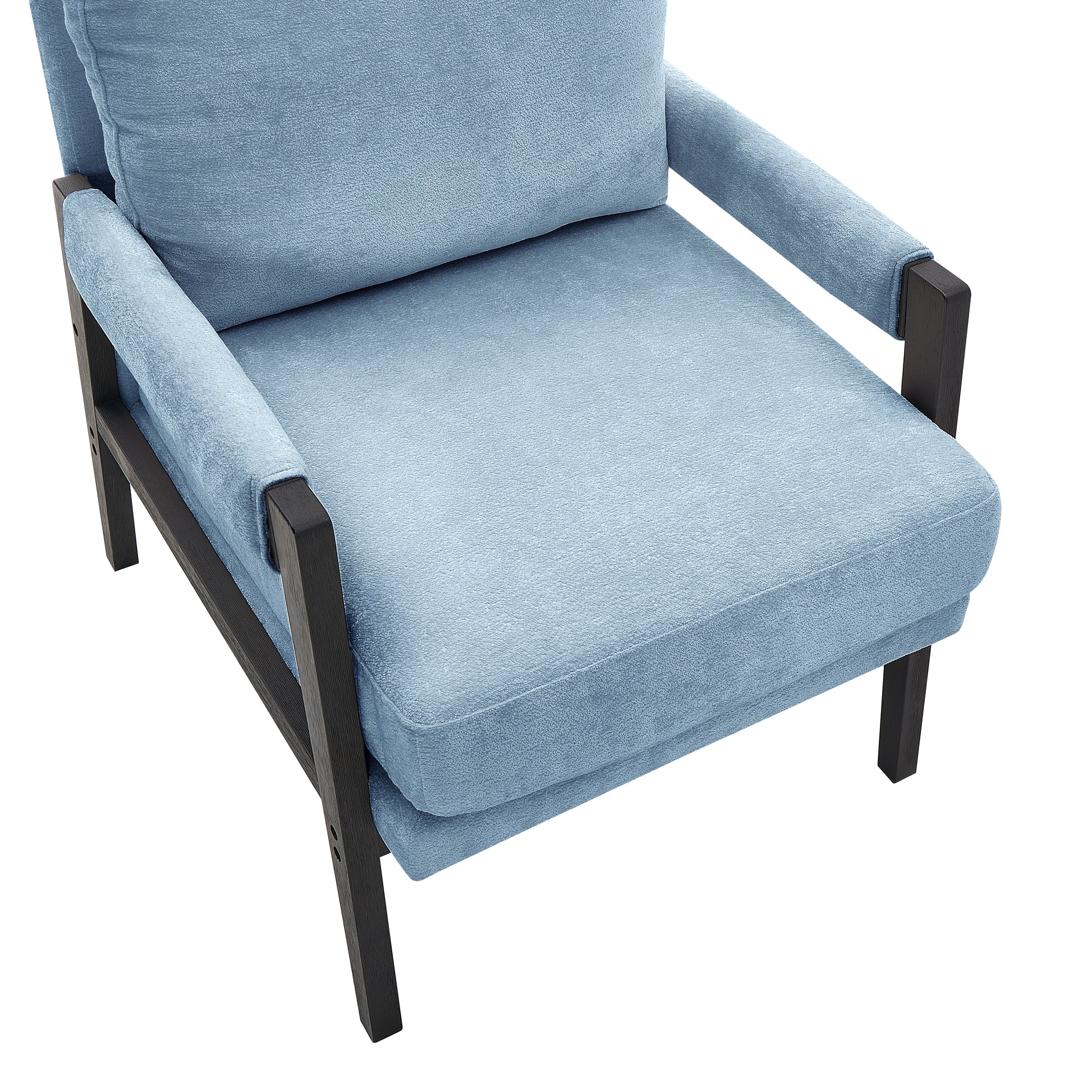 Light blue fabric armchair with dark wooden frame and arms