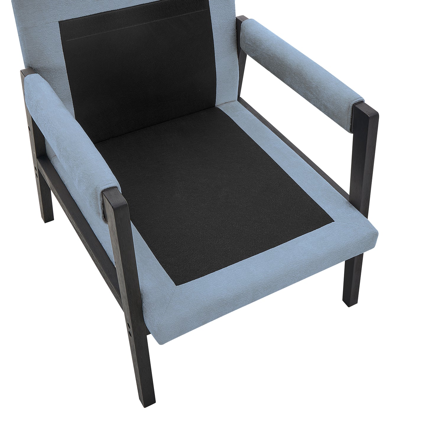 Modern armchair with light blue fabric upholstery and dark wood frame