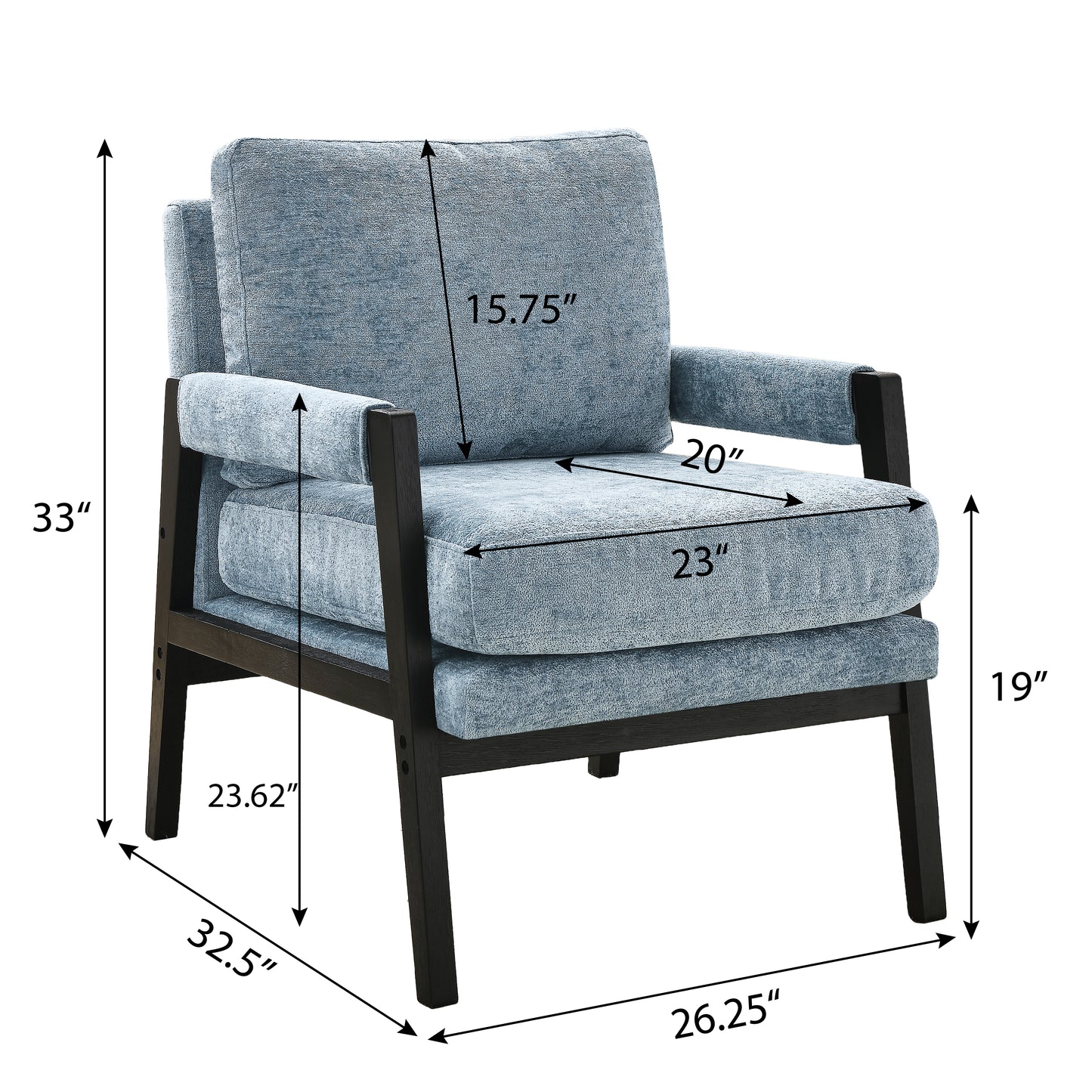 Light blue accent chair with dark wood frame and textured upholstery