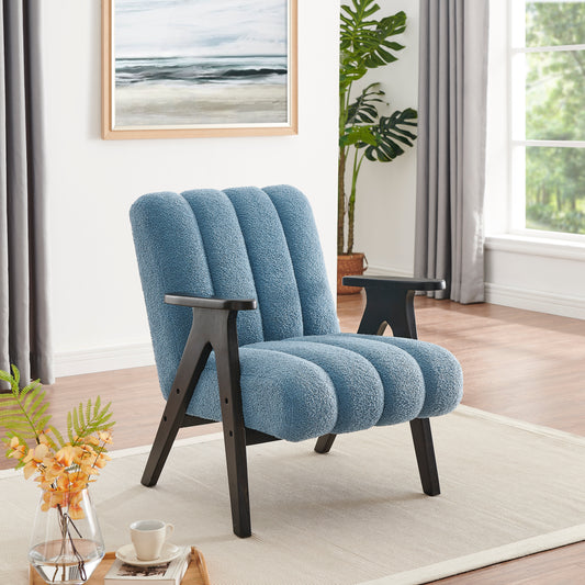 Blue textured accent chair with dark wooden legs ideal for modern living rooms