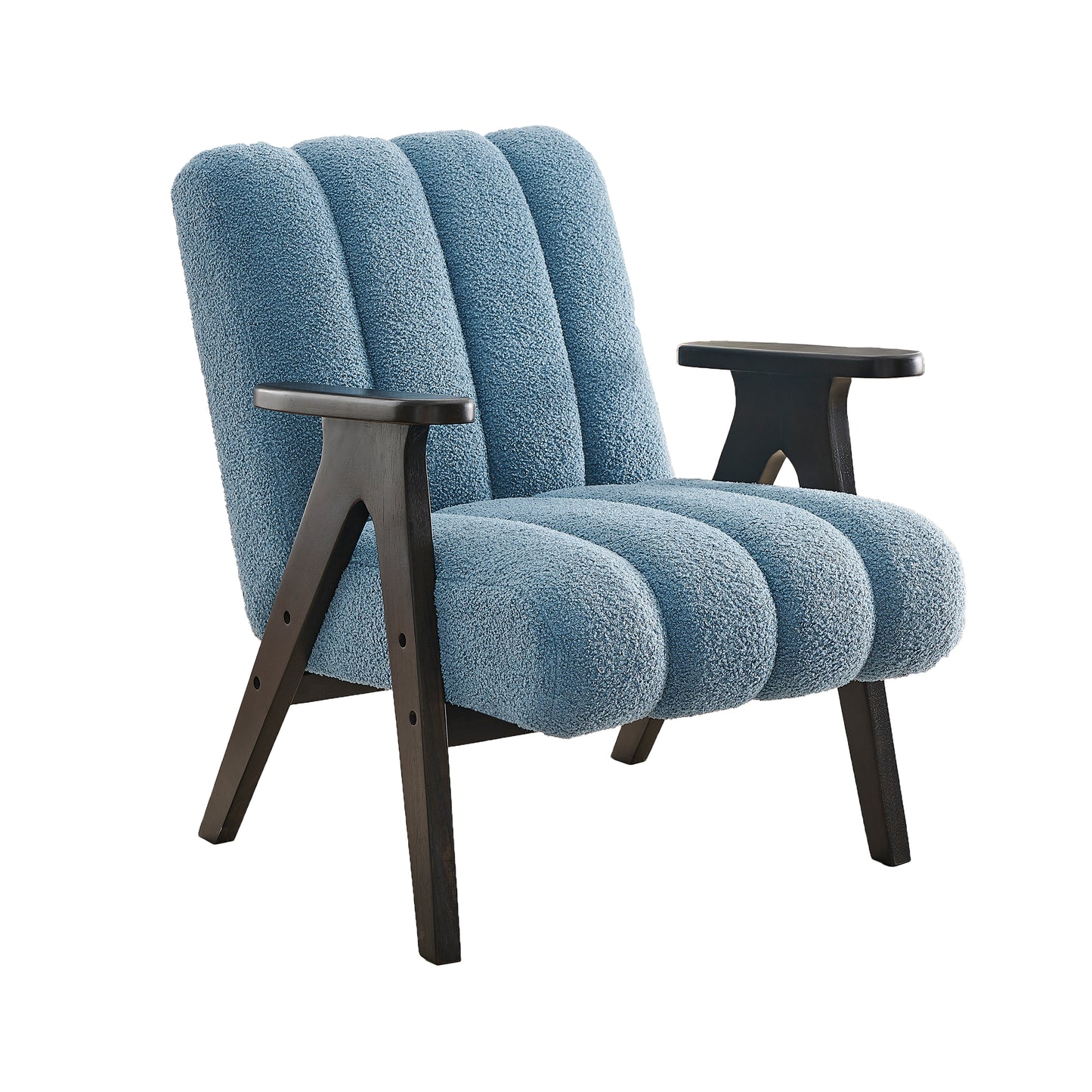 Blue textured armchair with dark wood legs and arms modern accent chair
