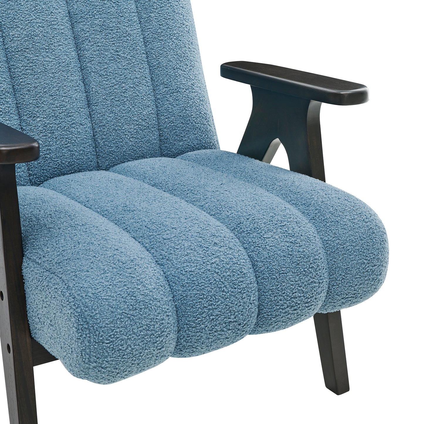 Textured blue armchair with channel tufting and dark wood arms and legs