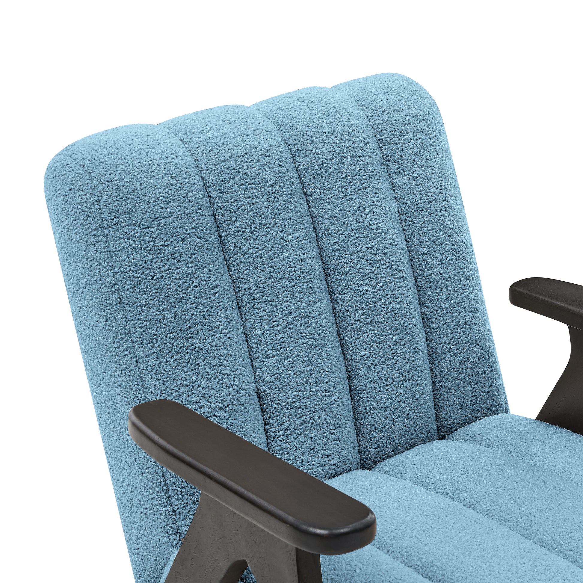 Light blue teddy fabric armchair with dark wood arms plush seat