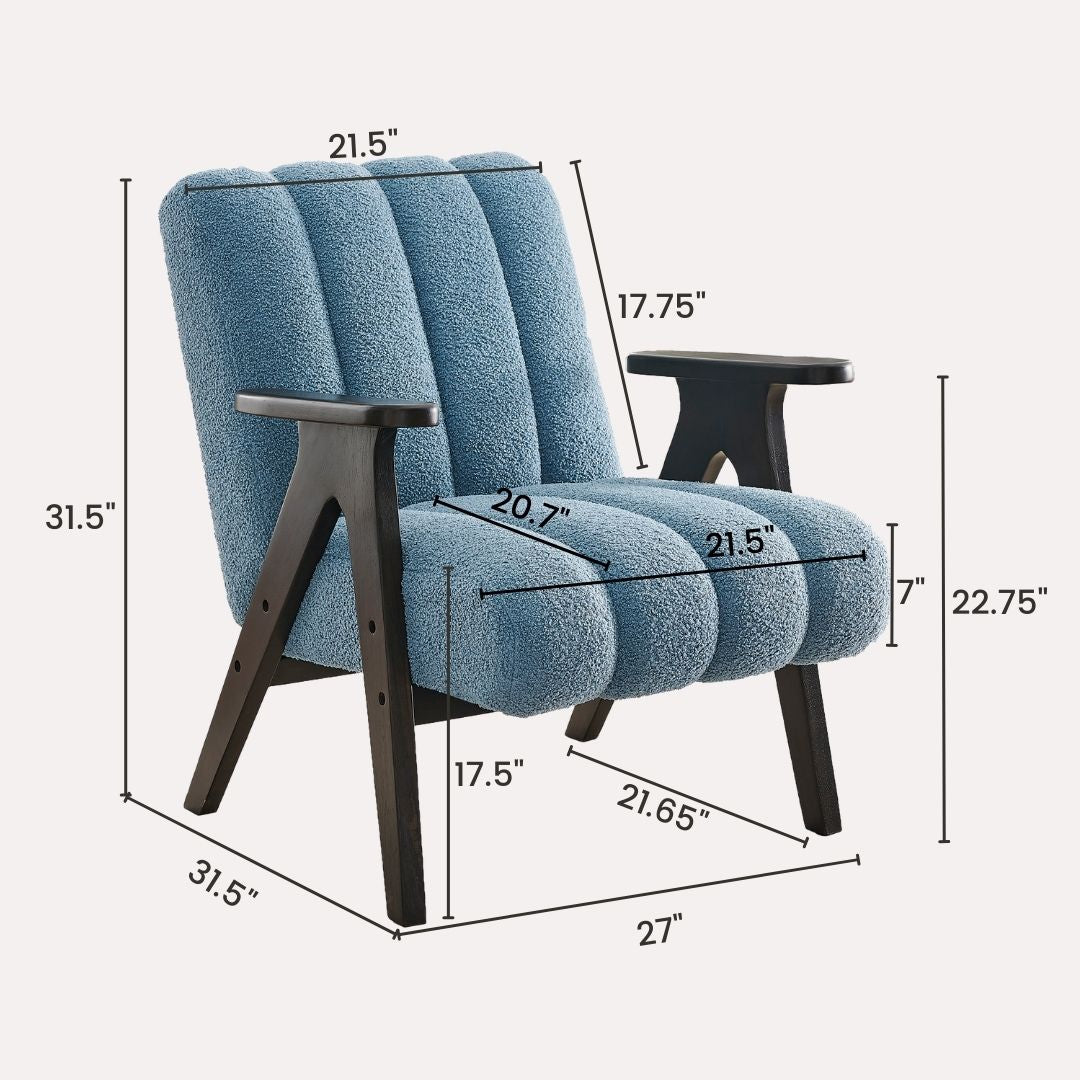Textured blue accent chair with dark wood frame and armrests
