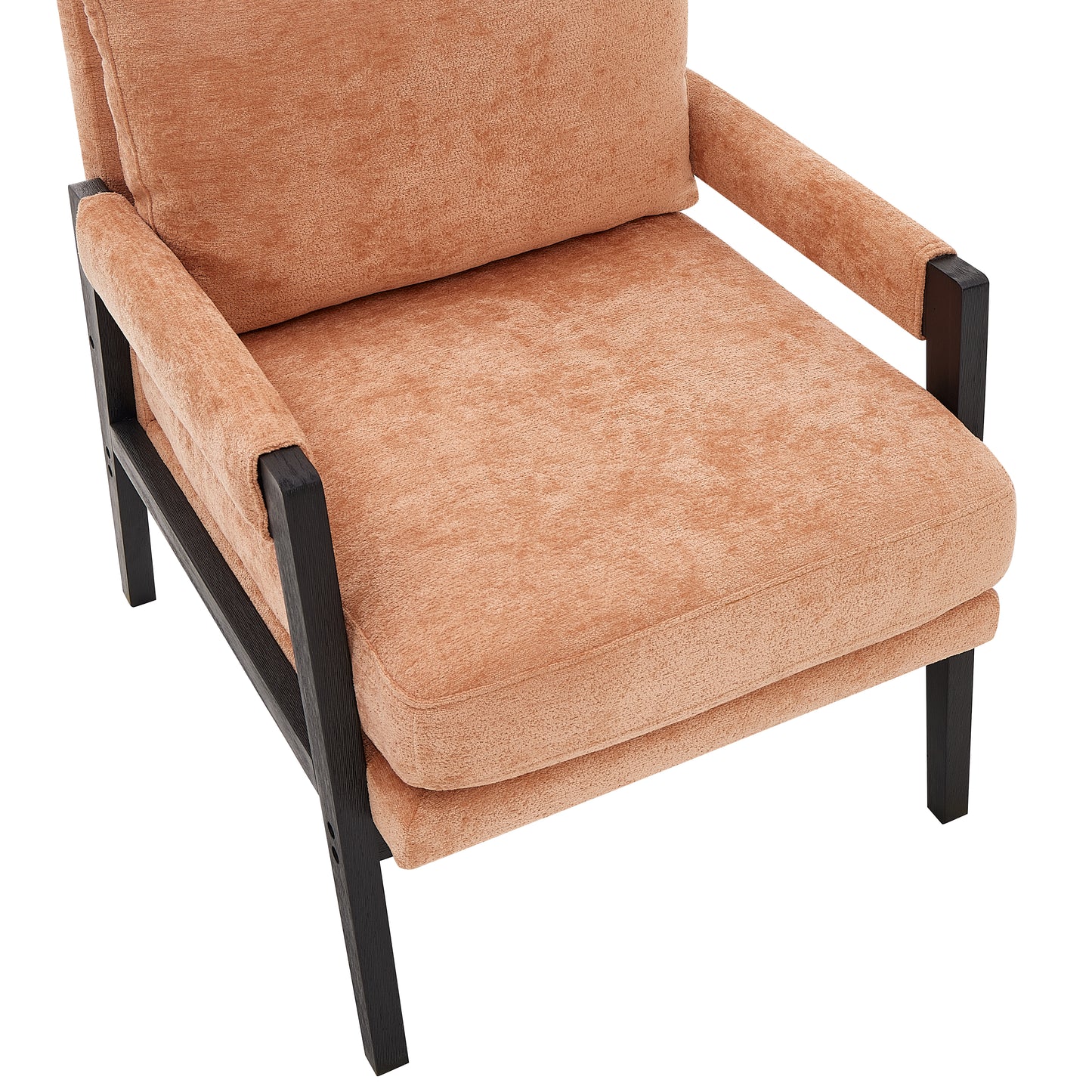 Modern armchair in textured coral fabric with dark wood frame