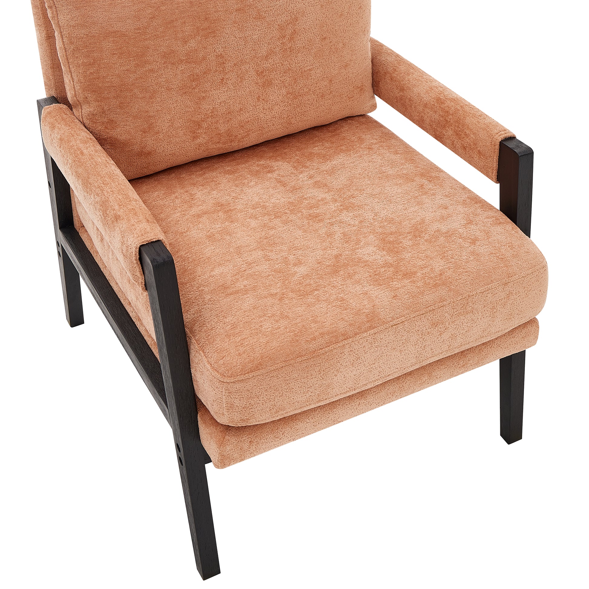 Modern armchair in textured coral fabric with dark wood frame