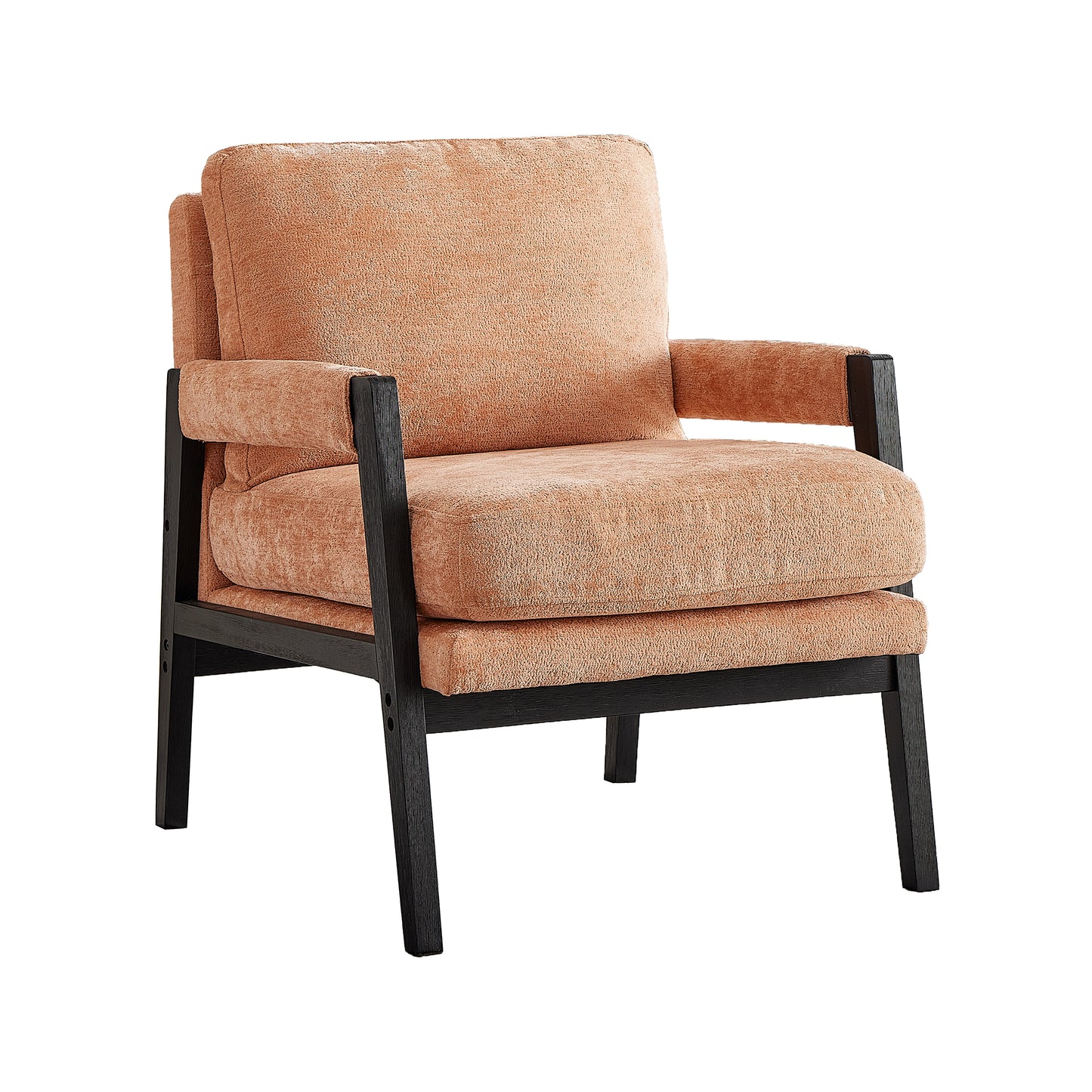 Terracotta boucle fabric armchair with dark wood frame for cozy living room