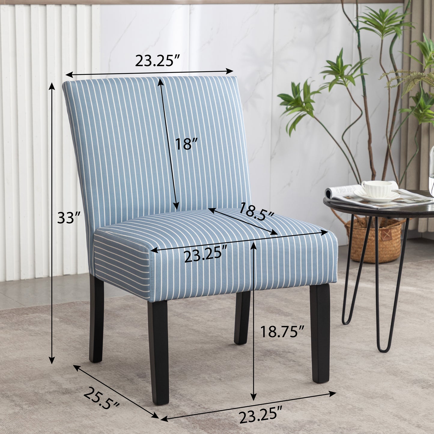 Blue and white striped upholstered dining chair with black legs