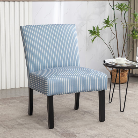 Blue and white striped upholstered accent chair with black wooden legs perfect for modern living rooms