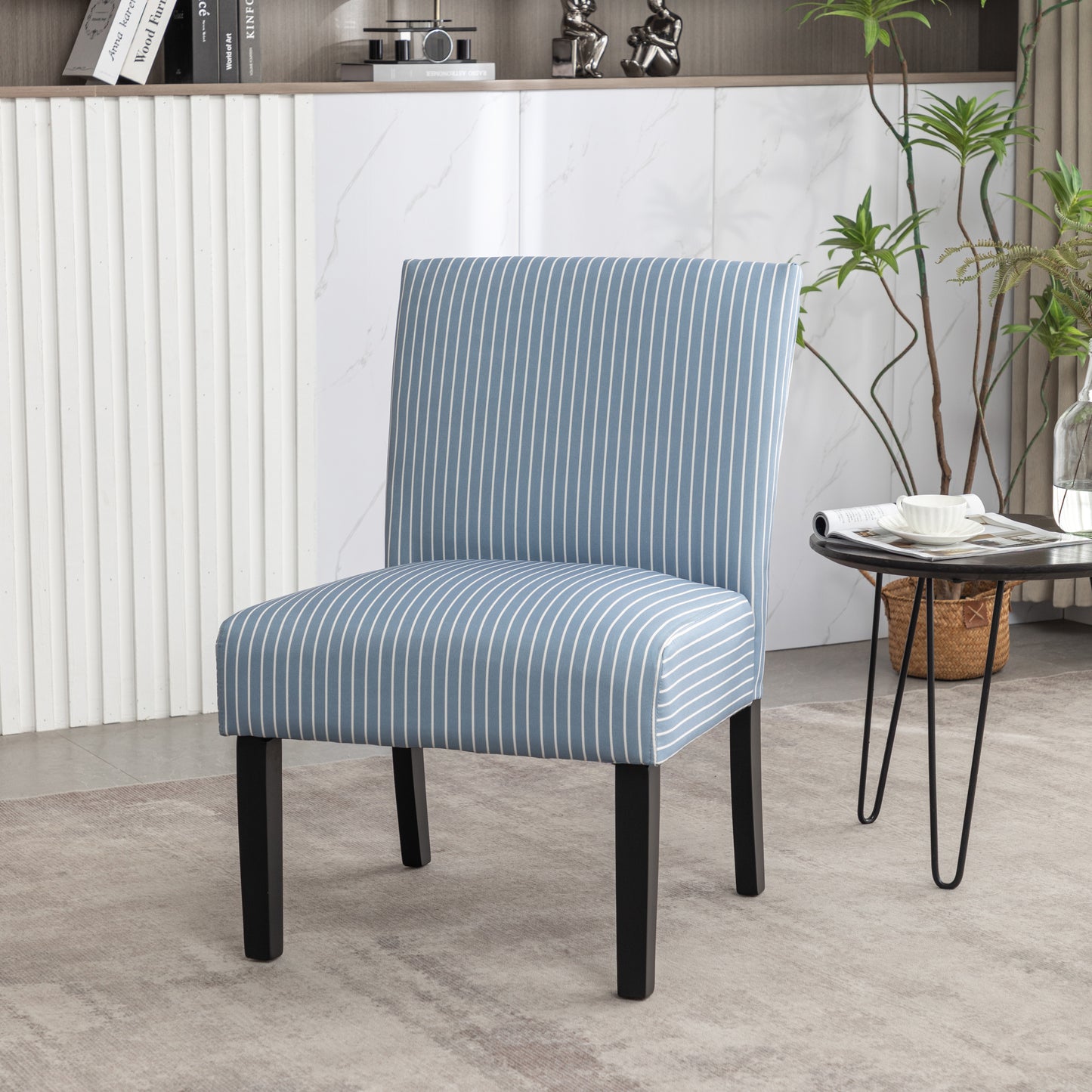 Blue and white striped accent chair with black legs