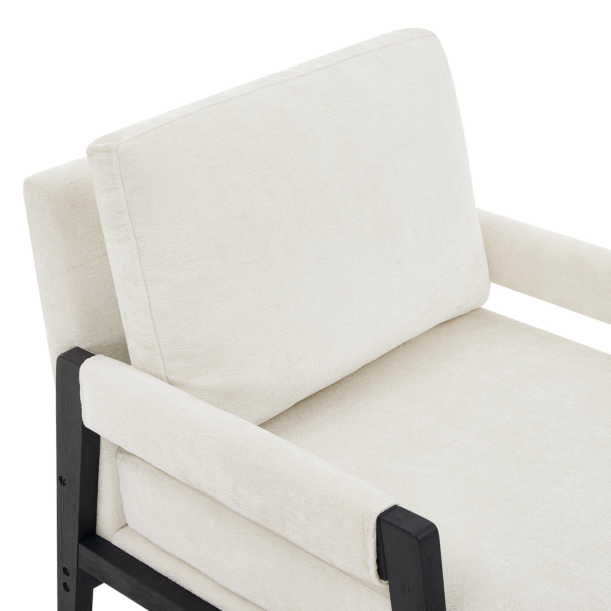 Cream boucle fabric armchair with dark wood frame arms and legs modern style