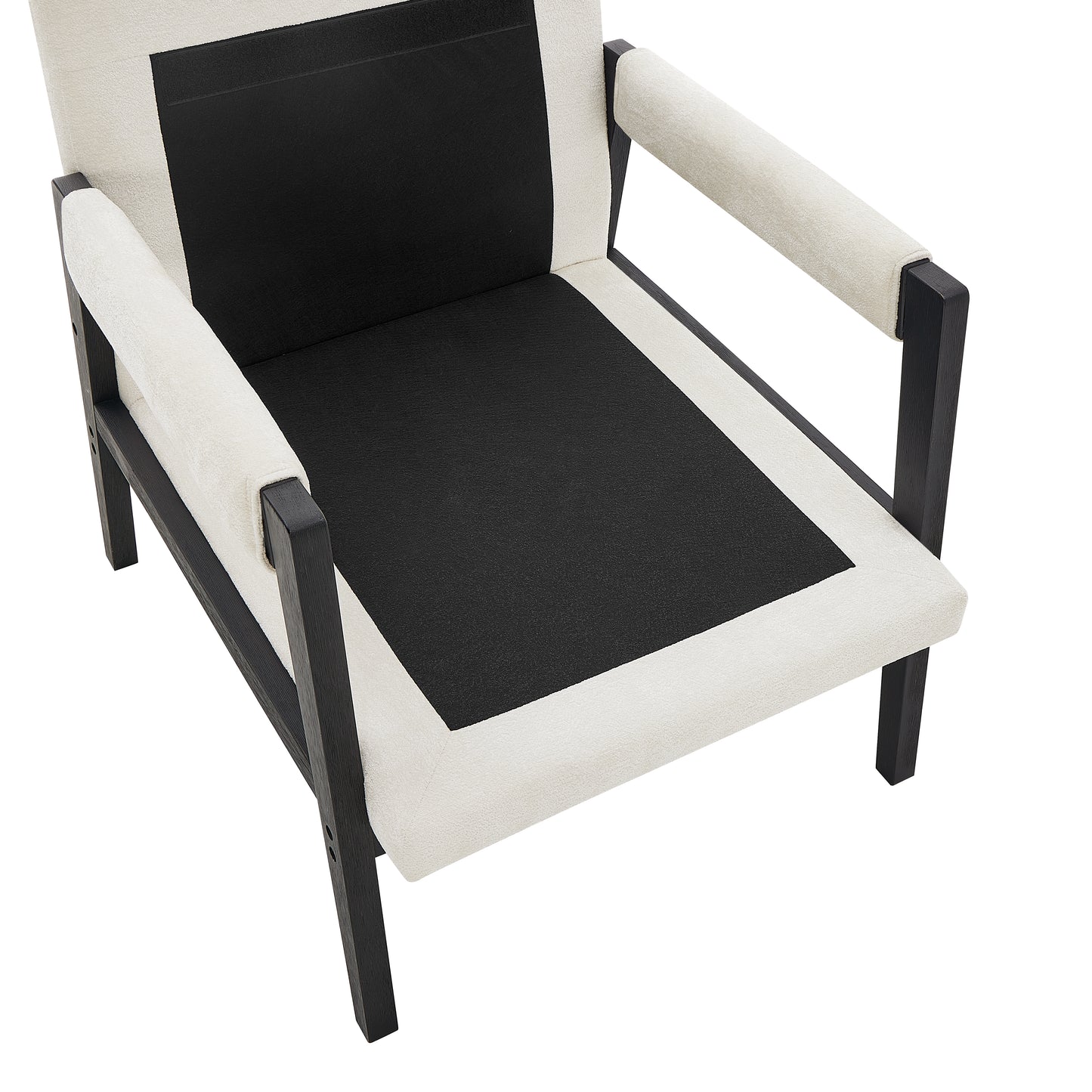 Modern armchair with ivory textured upholstery and black seat