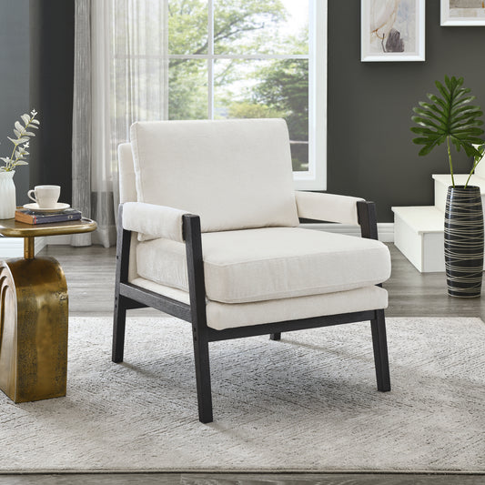 Cream textured armchair with dark wood frame modern living room accent chair