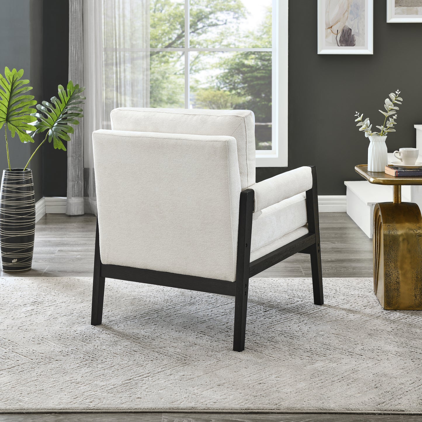 Cream boucle accent chair with dark wood frame modern design