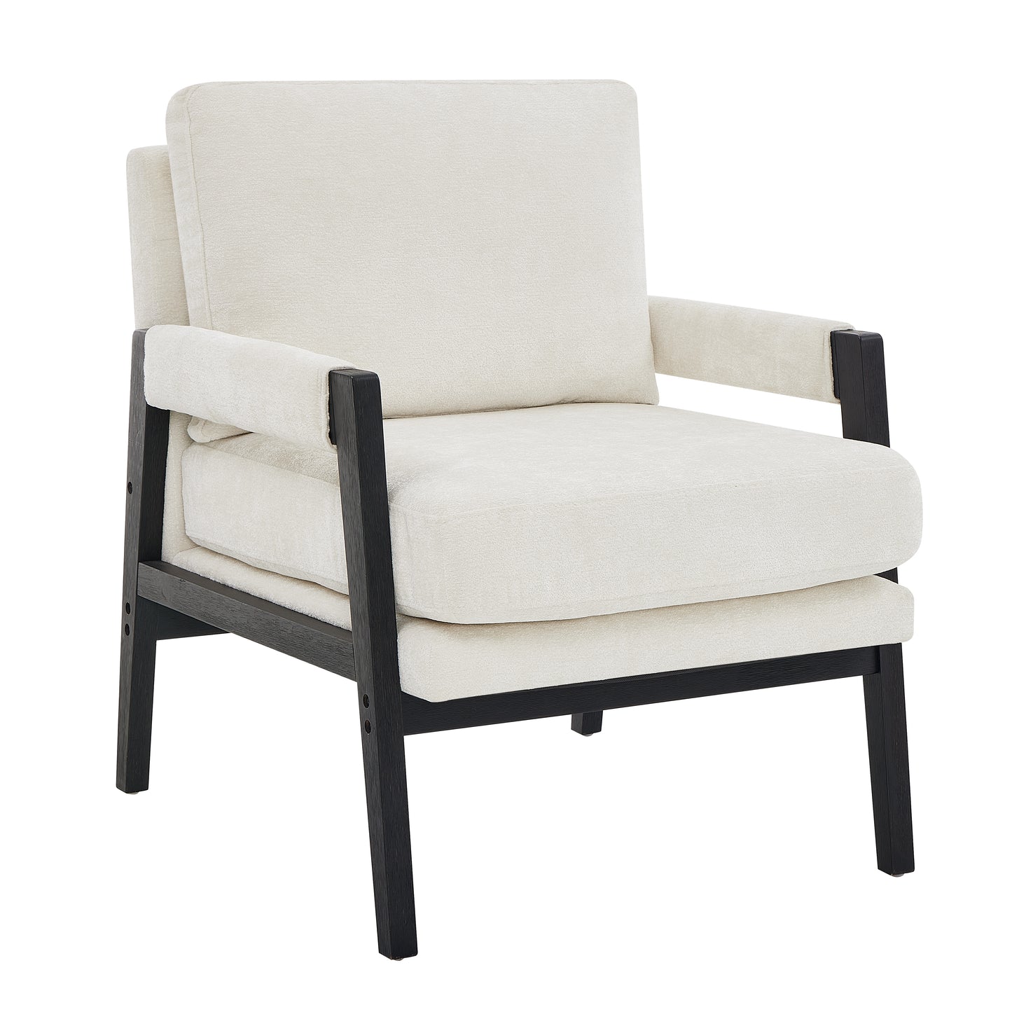 Cream textured fabric armchair with dark wood frame and tapered legs
