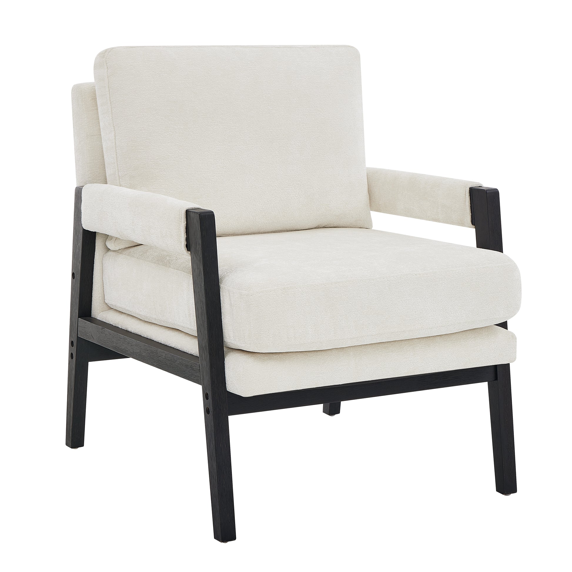 Cream textured fabric armchair with dark wood frame and tapered legs