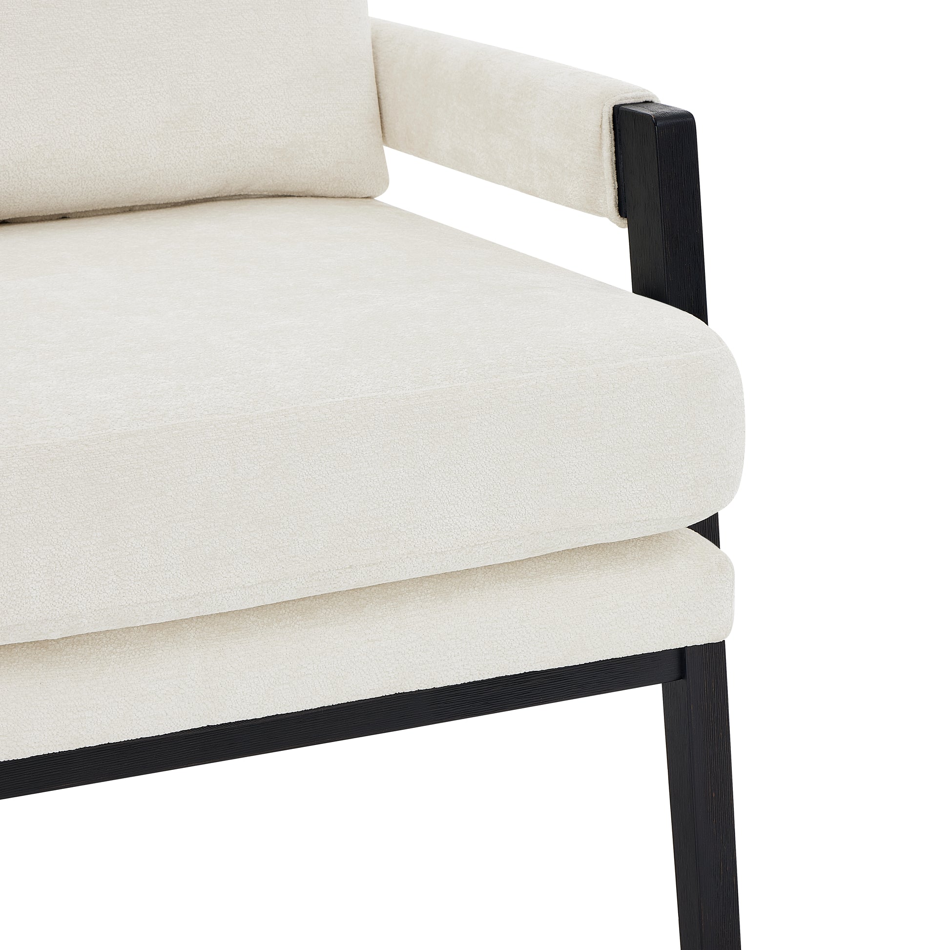 Cream boucle fabric armchair with black wood frame and armrests