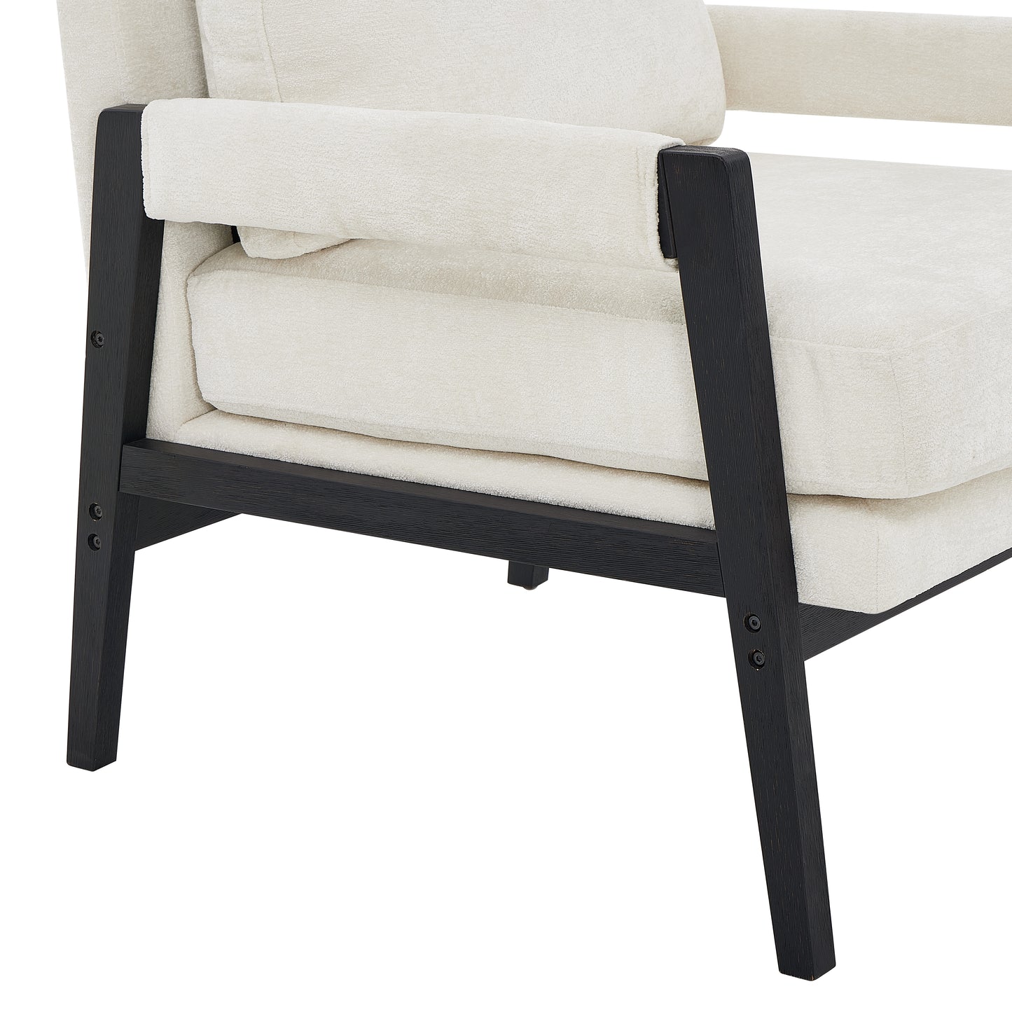 Cream boucle armchair with dark wood frame and tapered legs modern design