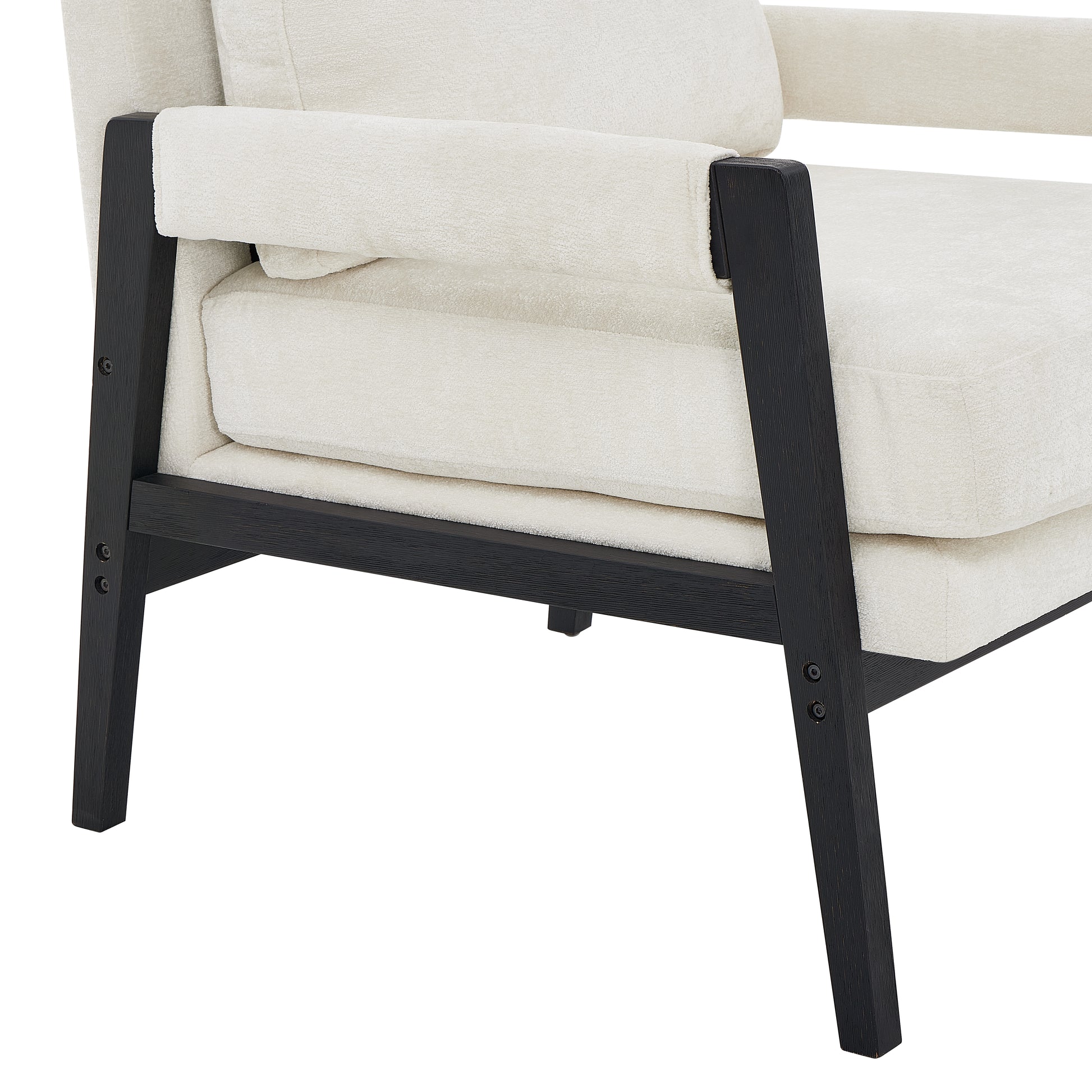 Cream boucle armchair with dark wood frame and tapered legs modern design