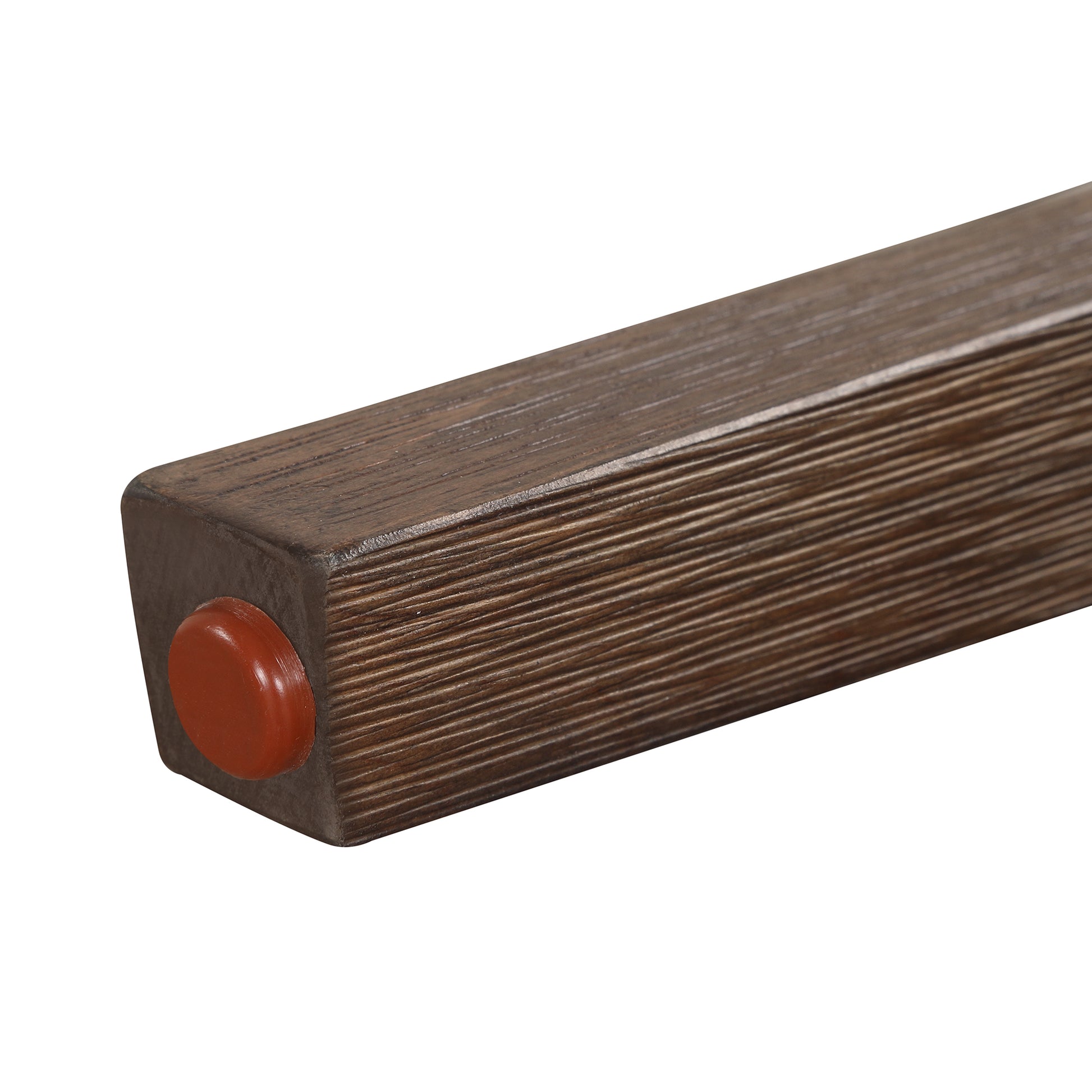 Dark oak table leg with textured finish and protective red floor glide