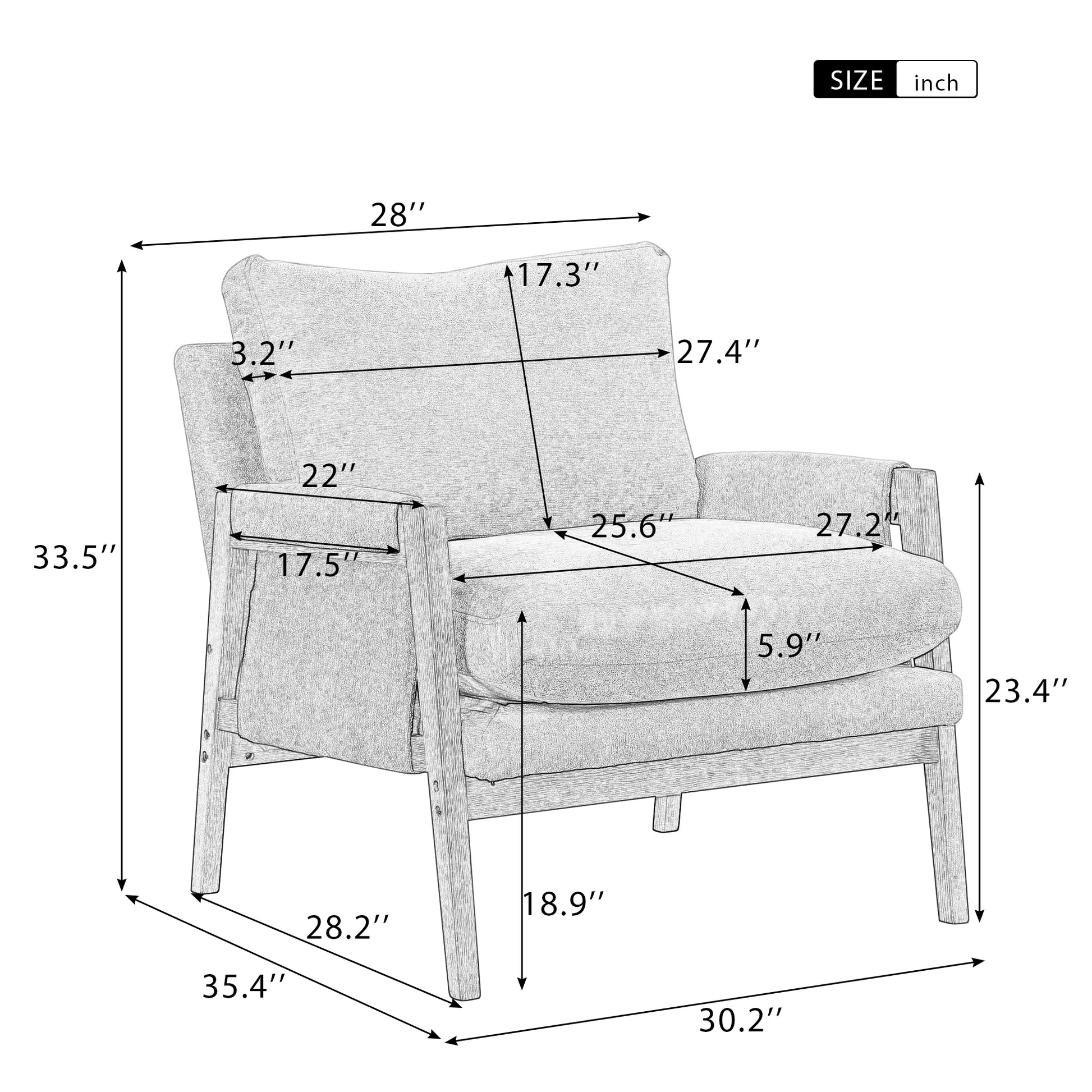 Line drawing of a modern upholstered accent chair with wooden legs  W x  D