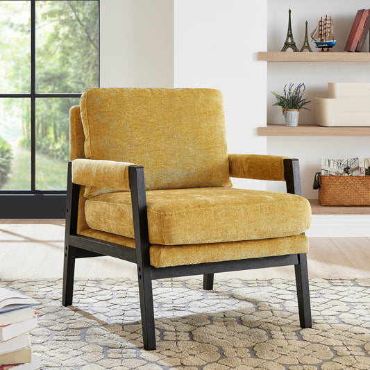 Modern armchair in mustard yellow textured fabric with dark wood frame