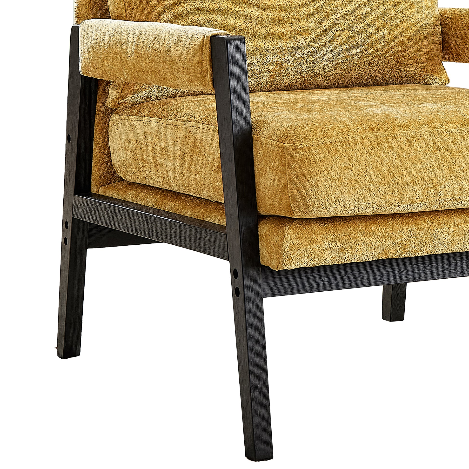 Yellow textured armchair with dark wood frame and plush cushions