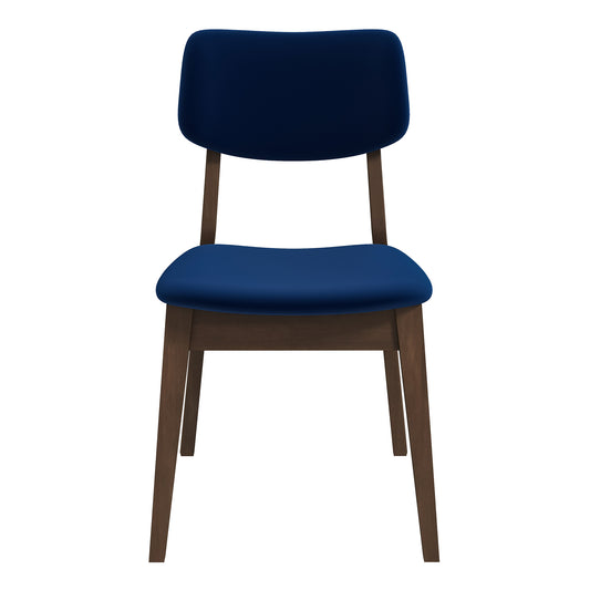 Navy blue velvet dining chair with dark wood legs