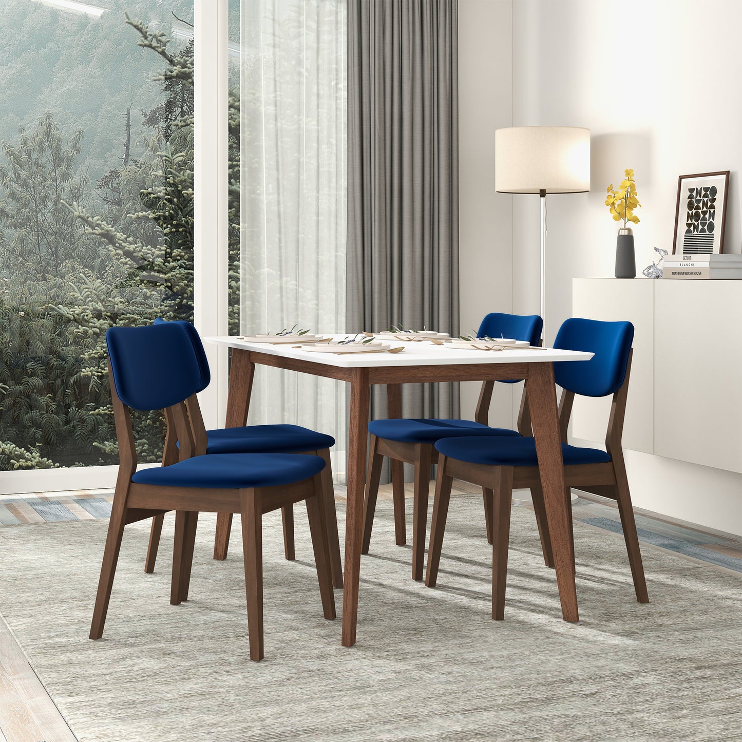 Midcentury modern dining chair with navy blue upholstered seat and back on wooden frame