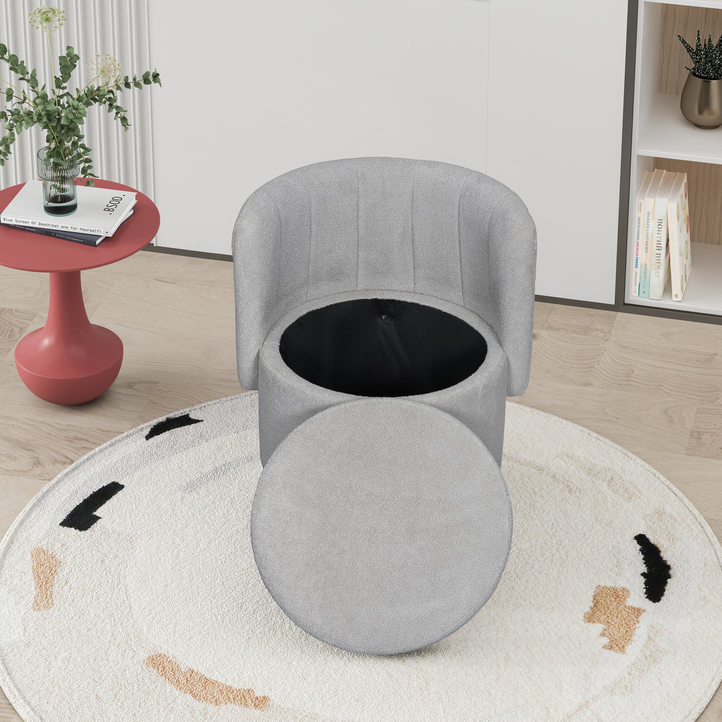 Grey velvet armchair with storage and matching ottoman plush texture
