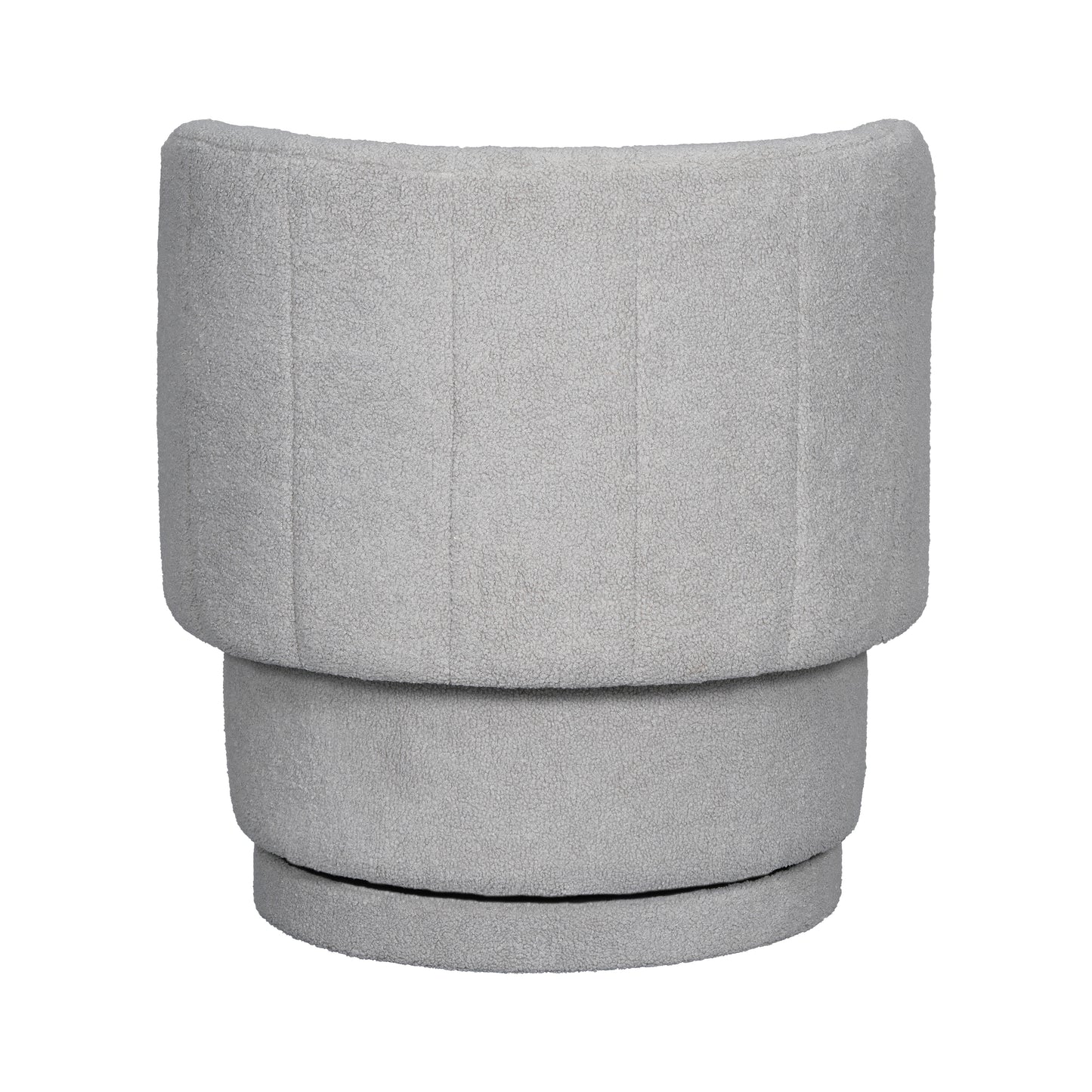 Textured grey boucle fabric swivel accent chair with a curved back and stacked seat