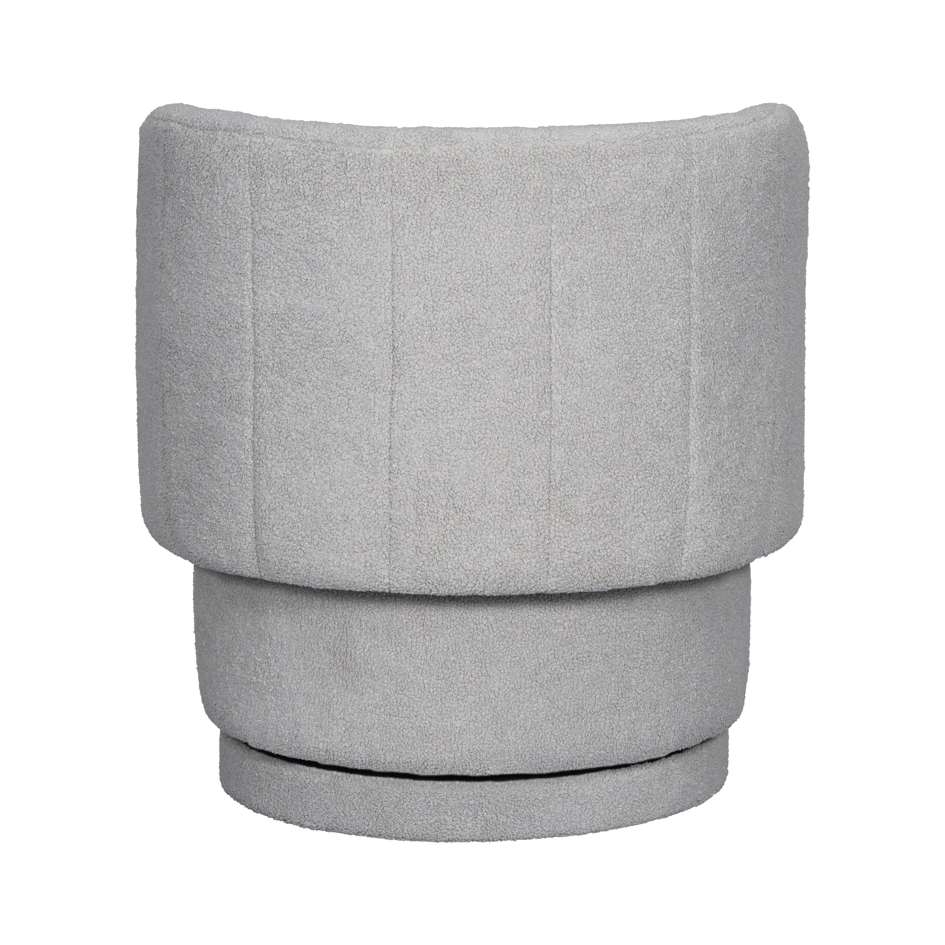 Textured grey boucle fabric swivel accent chair with a curved back and stacked seat