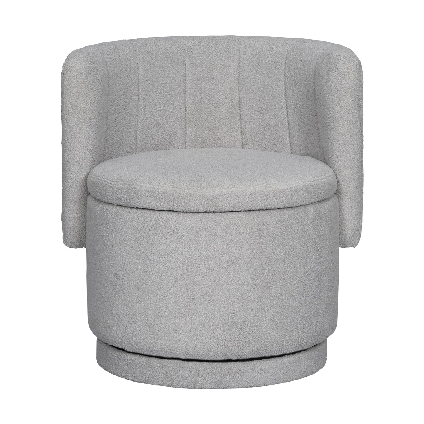 Cozy grey boucle armchair with plush seating and a swivel base for modern living room comfort