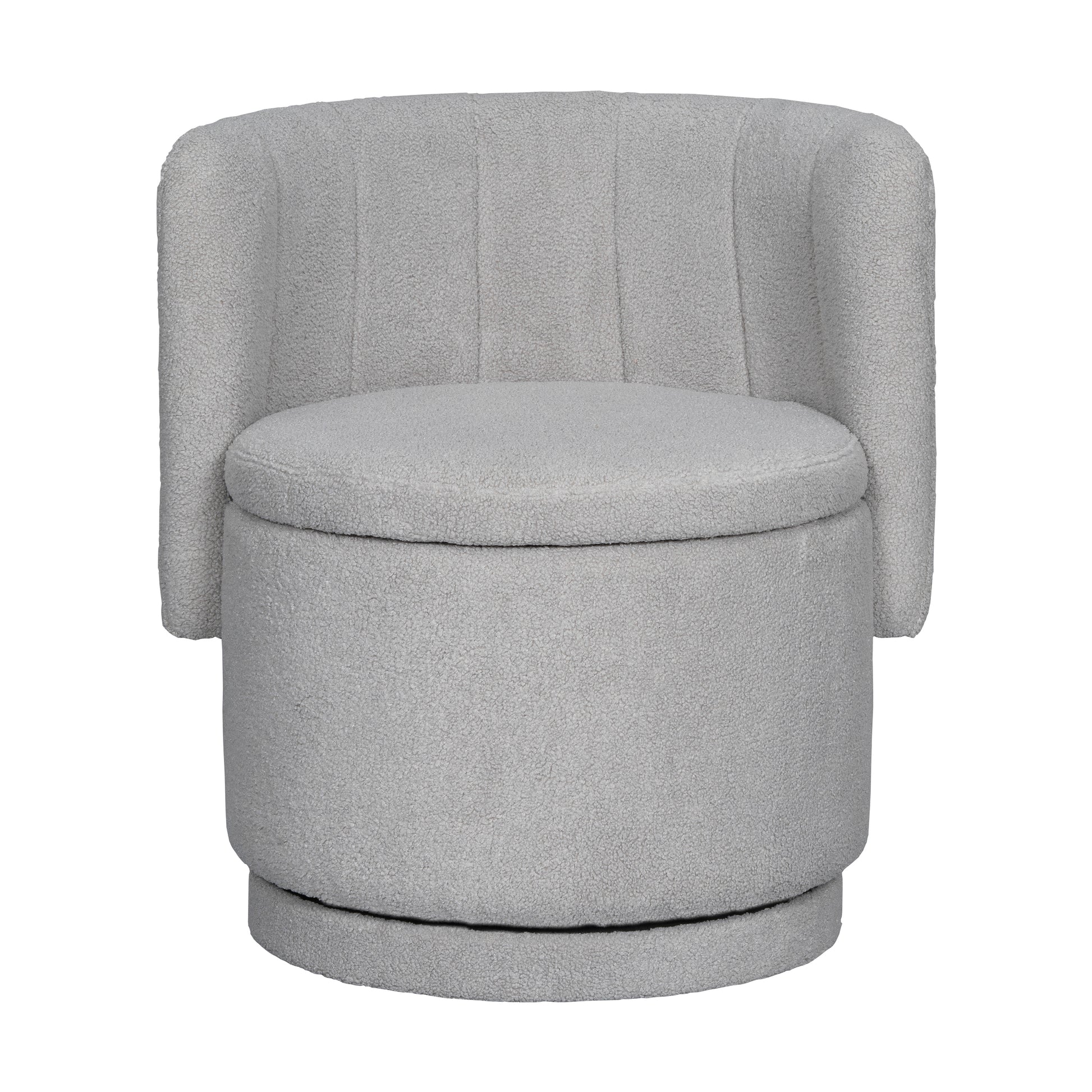 Cozy grey boucle armchair with plush seating and a swivel base for modern living room comfort