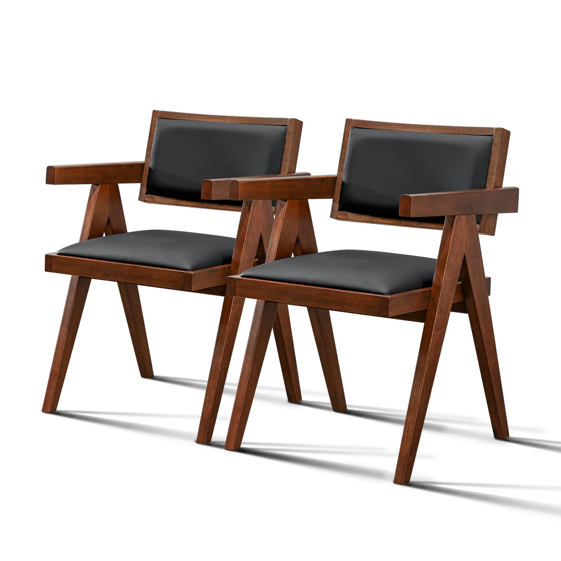 Midcentury modern armchair with rich walnut frame and black faux leather seat and back