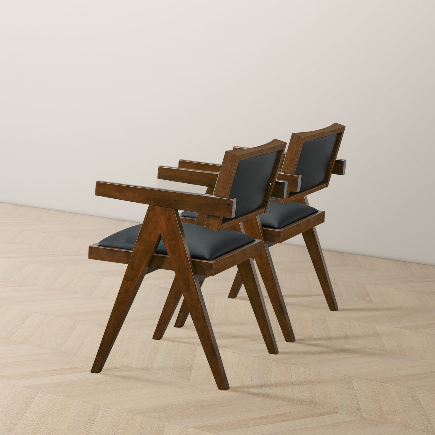 Modern wooden armchair with black upholstered seat and backrest set of two