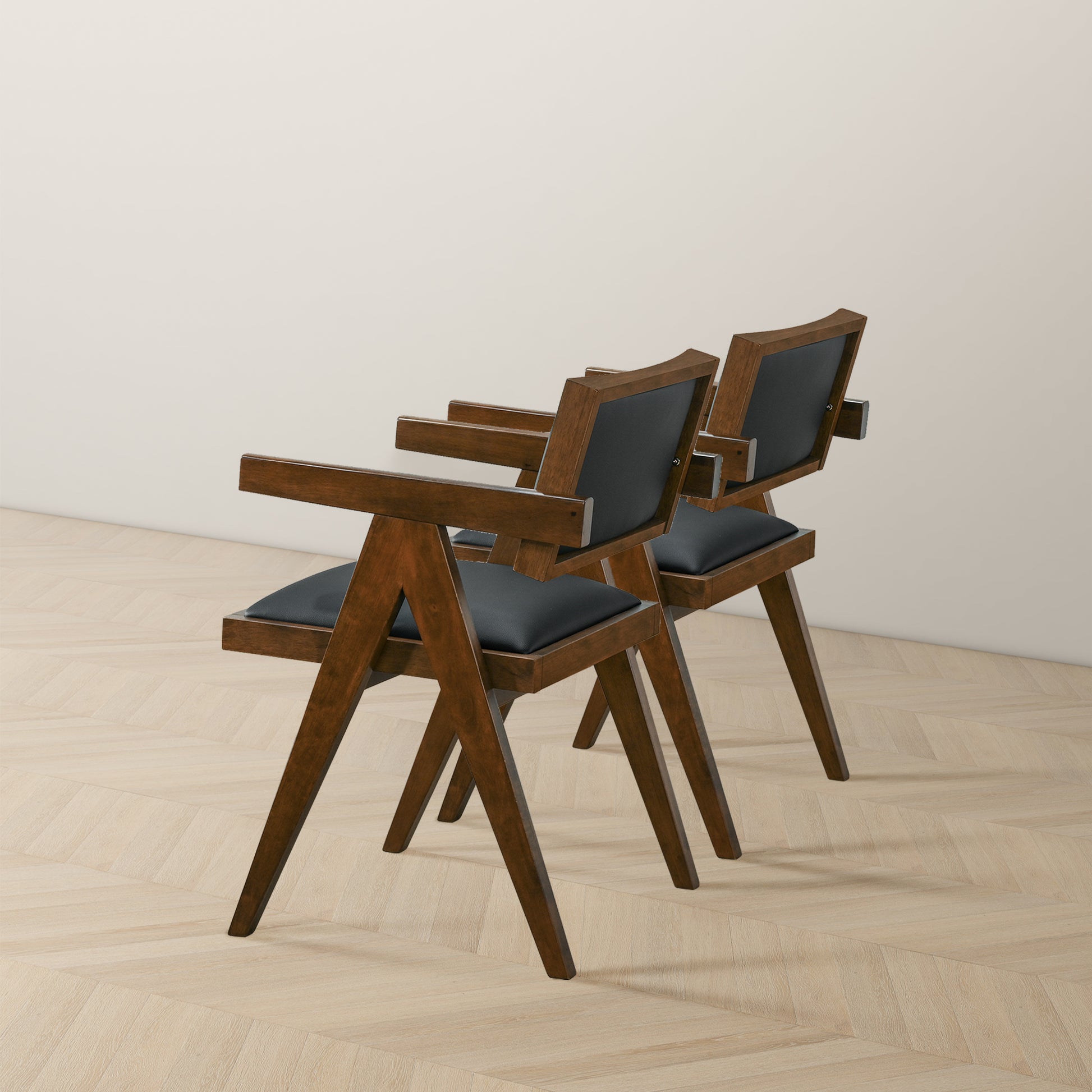 Modern wooden armchair with black upholstered seat and backrest set of two