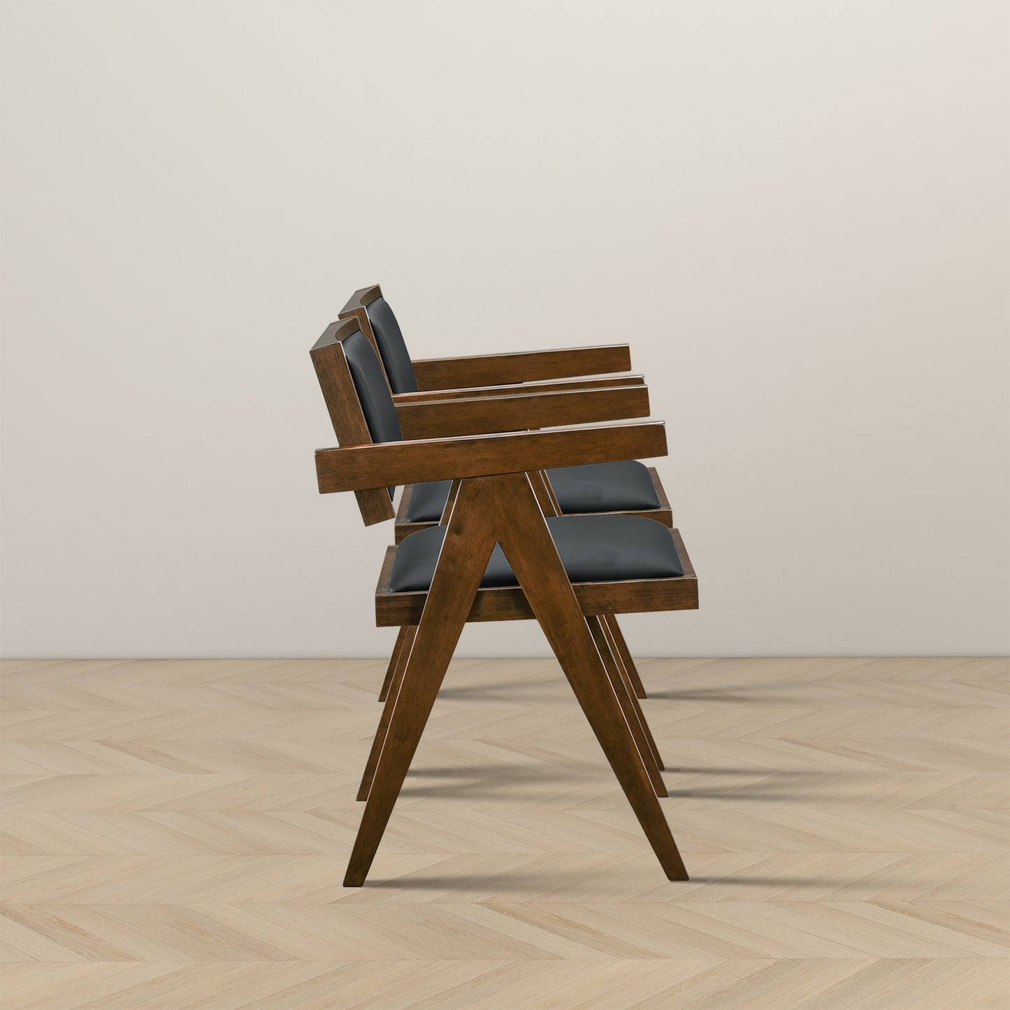 Modern wooden armchair with black leather upholstery sleek midcentury design