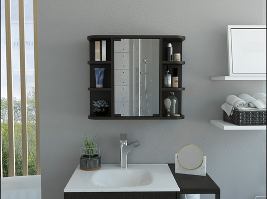 Dark wood medicine cabinet with mirrored doors ideal for bathroom storage